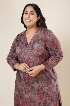 Plus Size Maroon Paisley V Neck SnugWeave™ Winter Kurta