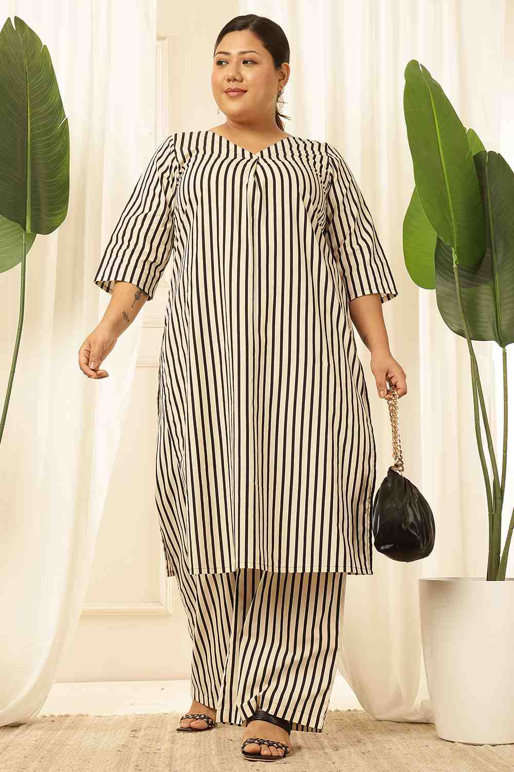 Plus Size Black & White Striped Cotton Kurta Coord Set