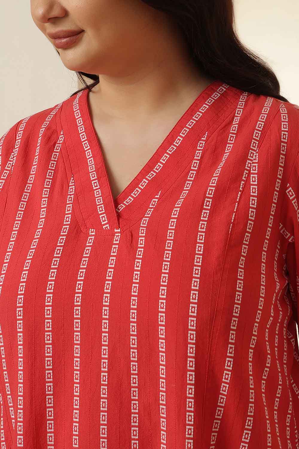 Comfortable Plus Size Red Stripe Cotton Midi Dress