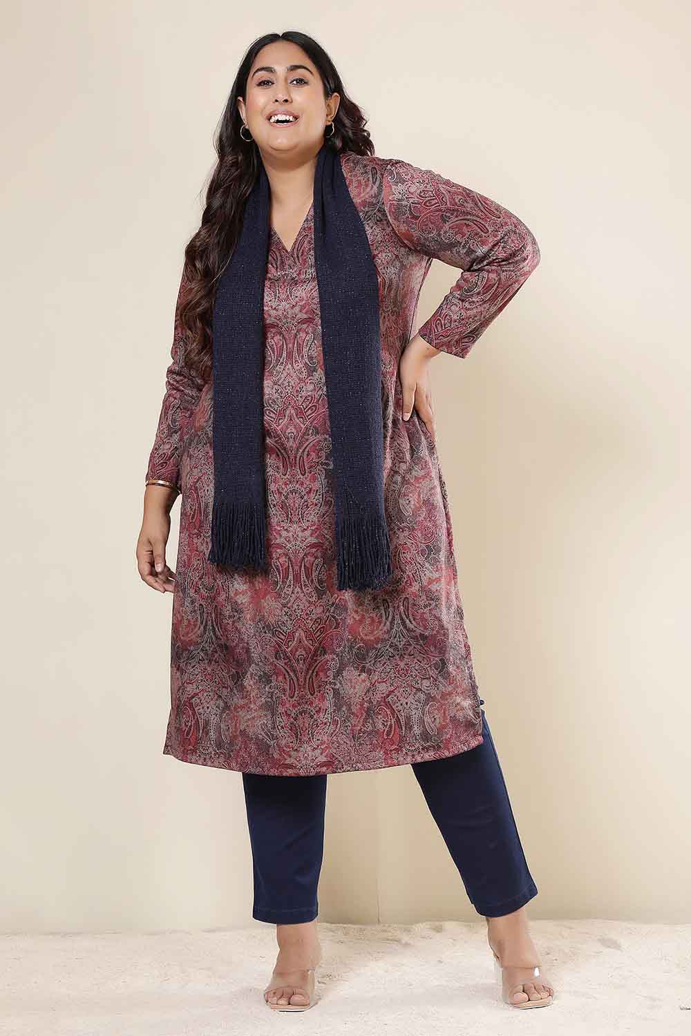 Plus Size Maroon Paisley V Neck SnugWeave™ Winter Kurta