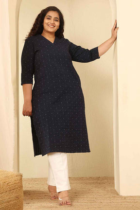 Plus Size Navy Blue Dobby Weave Cotton V Neck Kurta