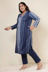 Plus Size Blue Vertical Stripe V Neck SnugWeave™ Kurta