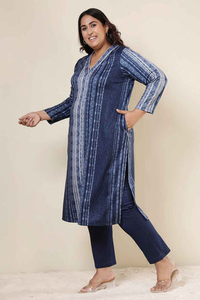 Plus Size Blue Vertical Stripe V Neck SnugWeave™ Kurta