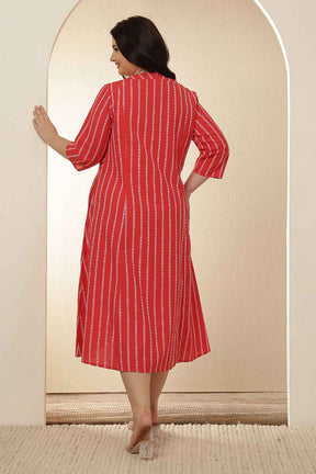 Plus Size Red Stripe Cotton Midi Dress