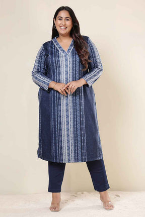 Plus Size Blue Vertical Stripe V Neck SnugWeave™ Kurta