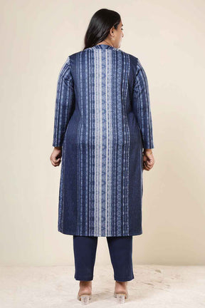 Plus Size Blue Vertical Stripe V Neck SnugWeave™ Kurta