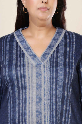 Plus Size Blue Vertical Stripe V Neck SnugWeave™ Kurta
