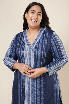 Plus Size Blue Vertical Stripe V Neck SnugWeave™ Kurta