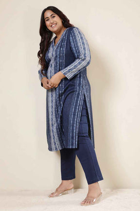 Plus Size Blue Vertical Stripe V Neck SnugWeave™ Kurta