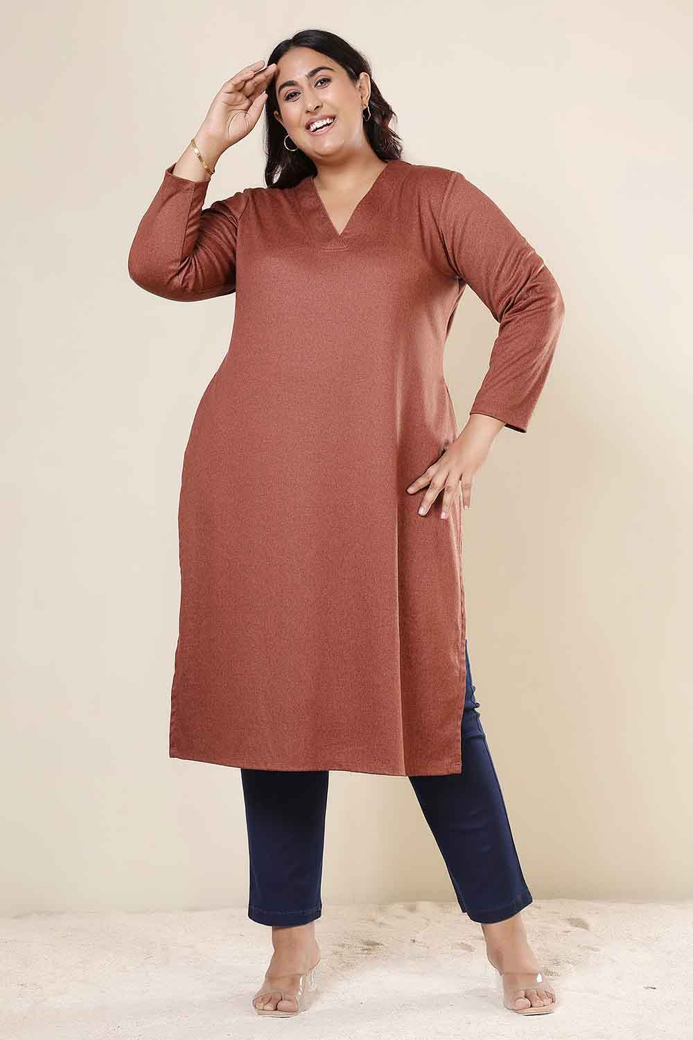 Plus Size Plus Size Rust V Neck SnugWeave™ Kurta