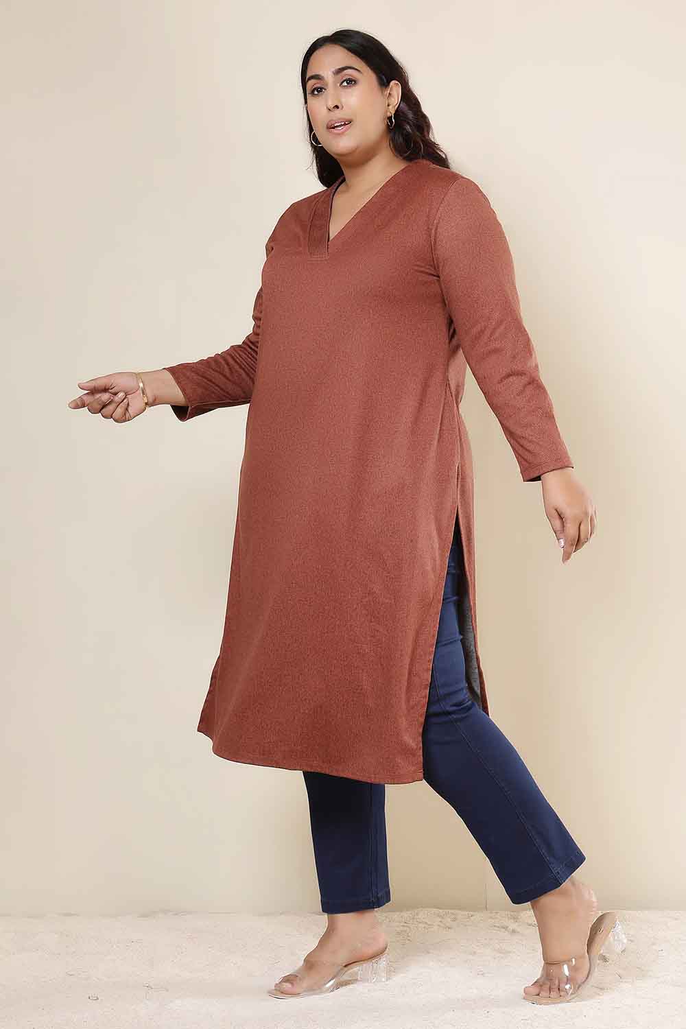 Plus Size Rust V Neck SnugWeave™ Kurta for Women