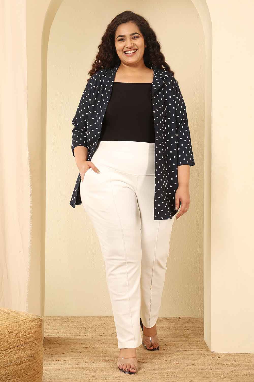 Plus Size Navy Blue Polka Dot Cotton Cuban Collar Shirt