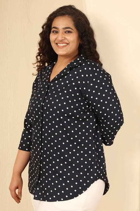 Plus Size Navy Blue Polka Dot Cotton Cuban Collar Shirt