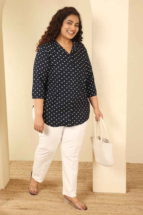 Plus Size Navy Blue Polka Dot Cotton Cuban Collar Shirt