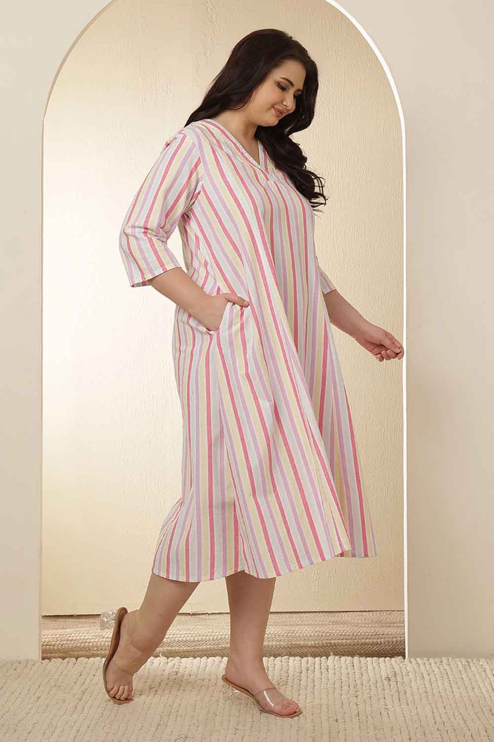 Plus Size Plus Size White and Pink Vertical Stripe Cotton Dress