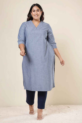 Plus Size Mid Blue Cross Weave Denim Cotton Kurta
