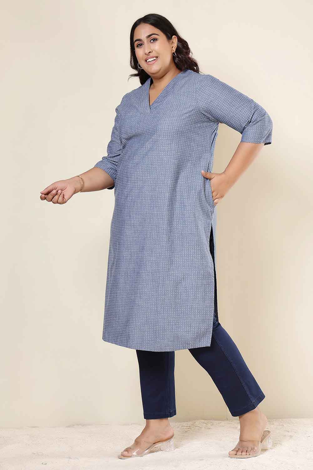 Plus Size Mid Blue Cross Weave Denim Cotton Kurta for Women