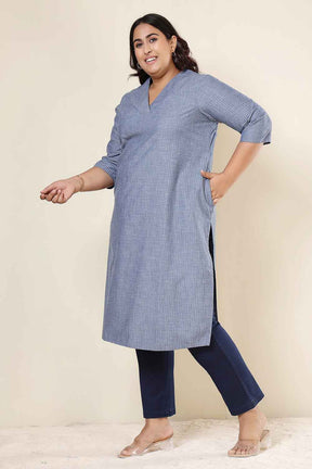Plus Size Mid Blue Cross Weave Denim Cotton Kurta