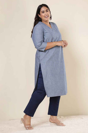 Plus Size Mid Blue Cross Weave Denim Cotton Kurta