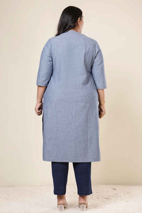 Plus Size Mid Blue Cross Weave Denim Cotton Kurta
