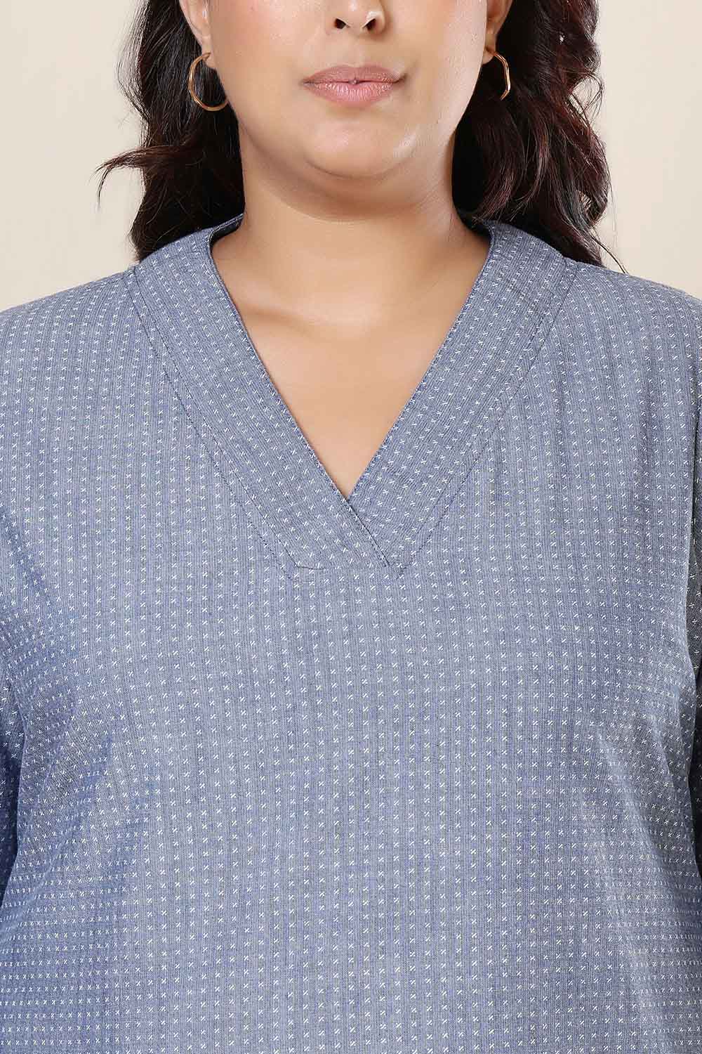 Plus Size Mid Blue Cross Weave Denim Cotton Kurta