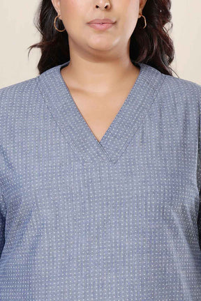 Plus Size Mid Blue Cross Weave Denim Cotton Kurta