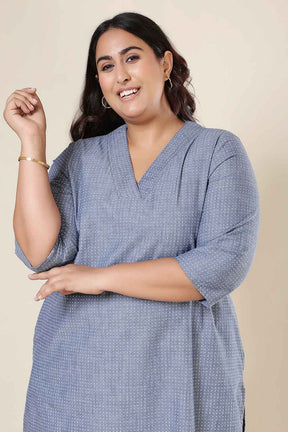 Plus Size Mid Blue Cross Weave Denim Cotton Kurta