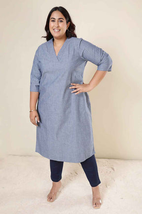 Plus Size Mid Blue Cross Weave Denim Cotton Kurta