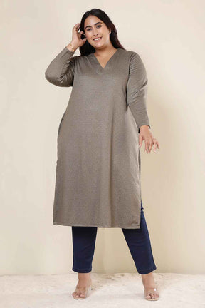 Plus Size Olive Green V Neck SnugWeave™ Winter Kurta