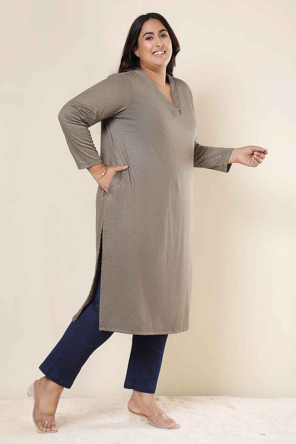 Comfortable Plus Size Olive Green V Neck SnugWeave™ Winter Kurta