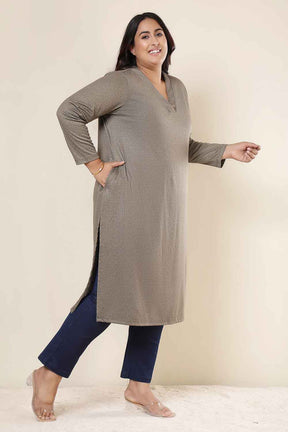 Plus Size Olive Green V Neck SnugWeave™ Winter Kurta