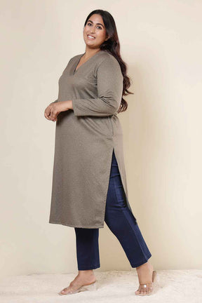 Plus Size Olive Green V Neck SnugWeave™ Winter Kurta