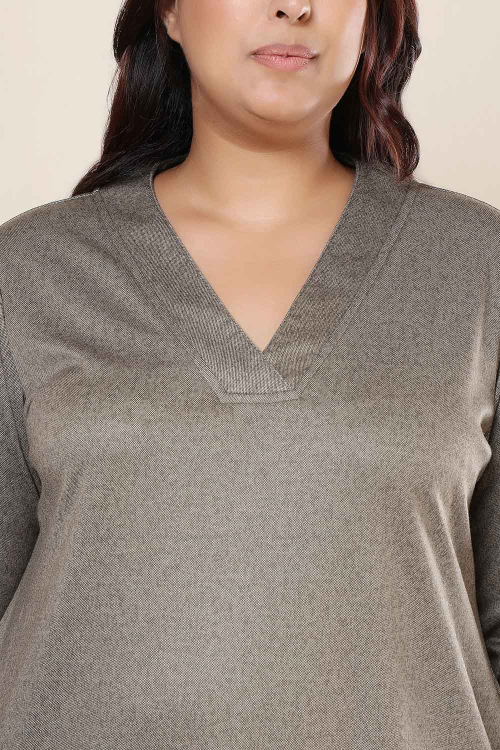 Plus Size Olive Green V Neck SnugWeave™ Winter Kurta