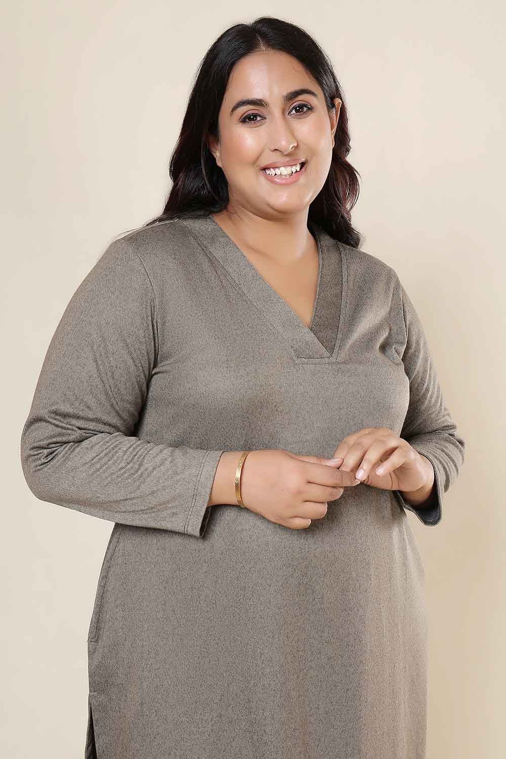 Plus Size Olive Green V Neck SnugWeave™ Winter Kurta for Women