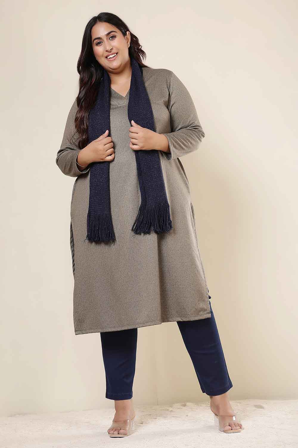 Plus Size Olive Green V Neck SnugWeave™ Winter Kurta