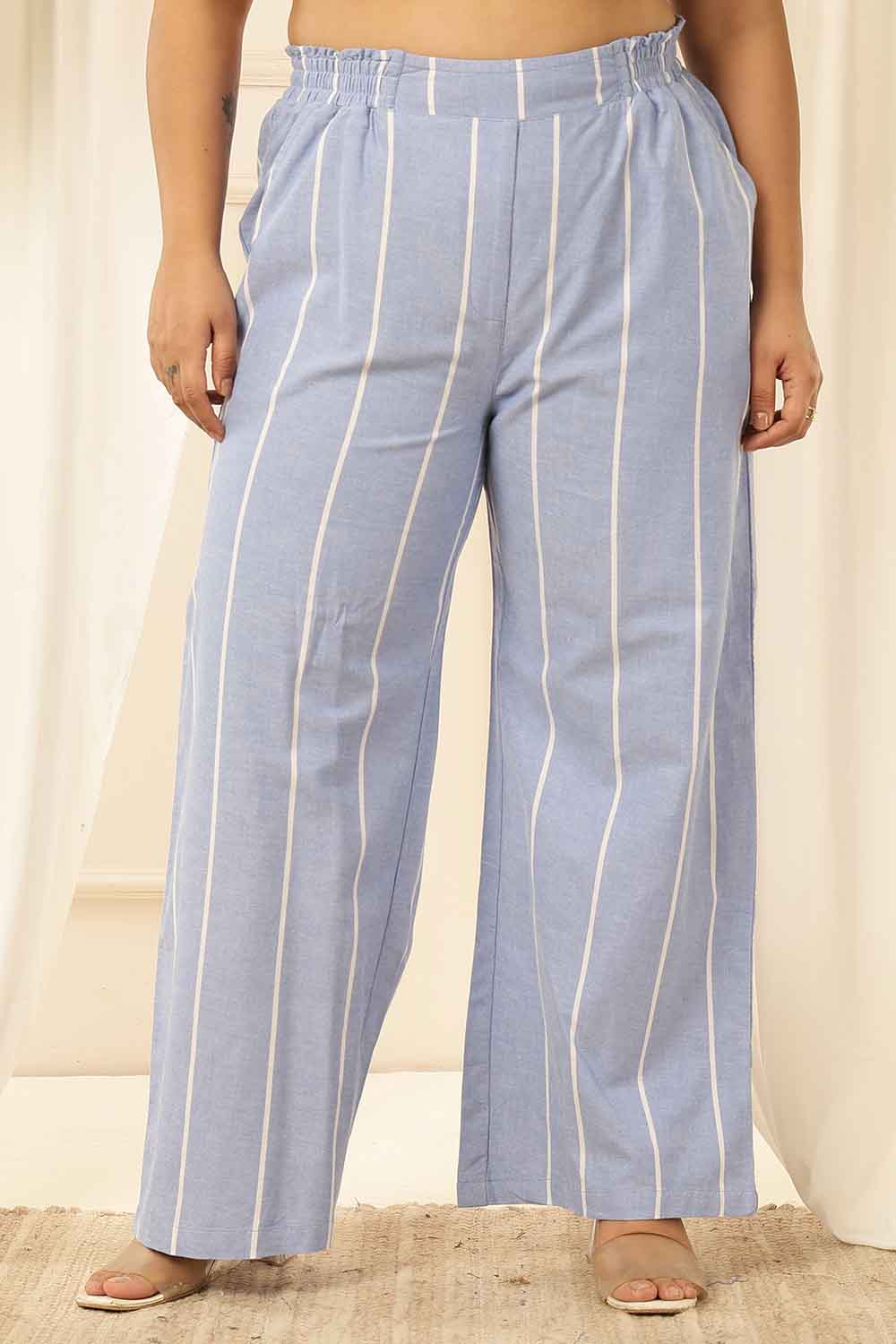 Plus Size Blue Striped Chambray Kurta Coord Set