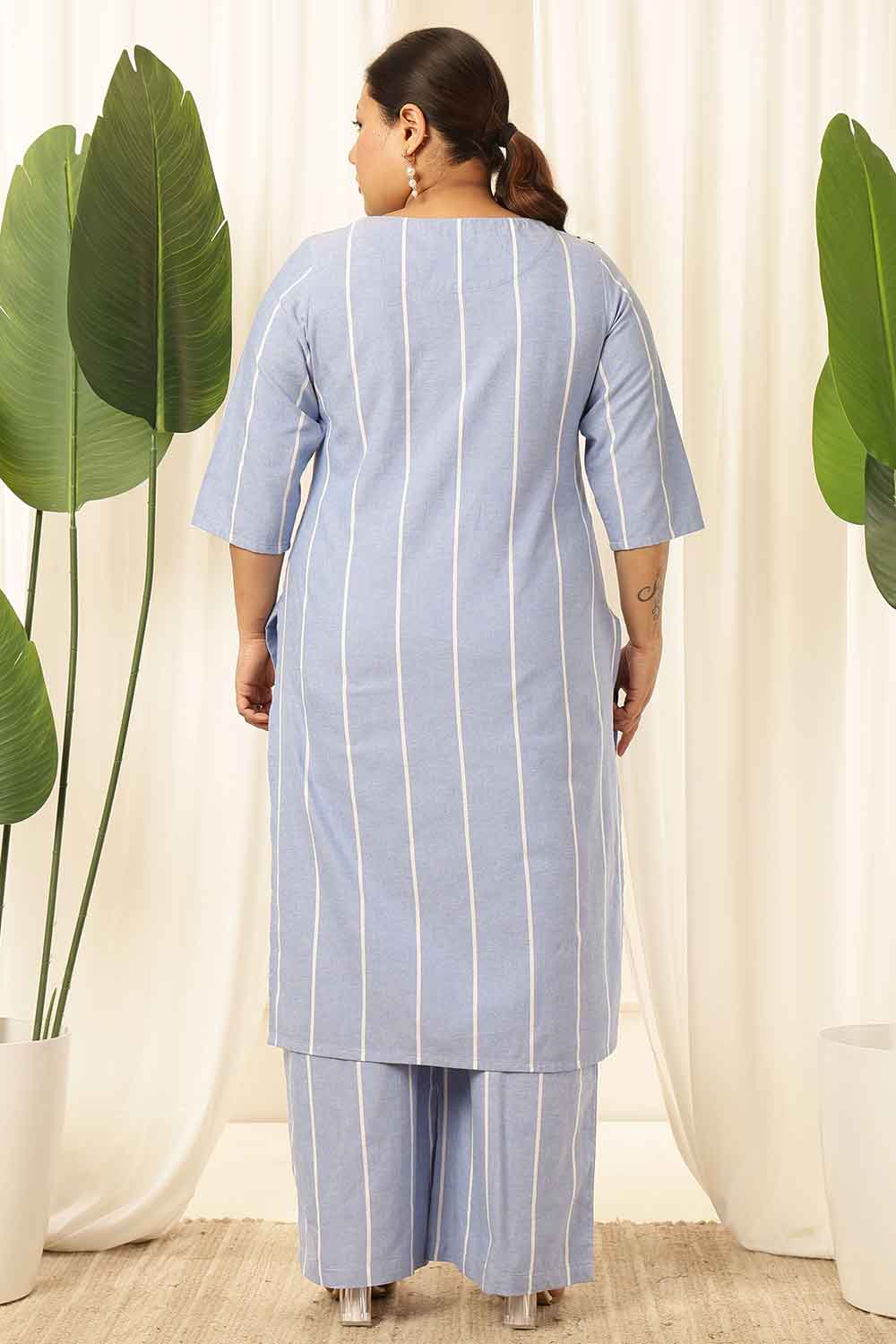 Plus Size Blue Striped Chambray Kurta Coord Set