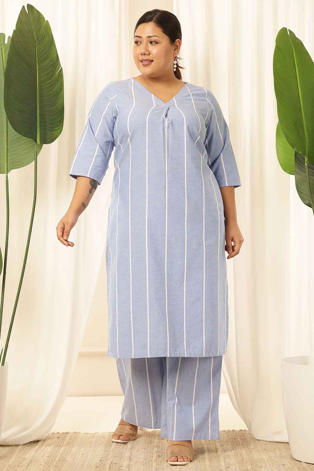 Plus Size Blue Striped Chambray Kurta Coord Set