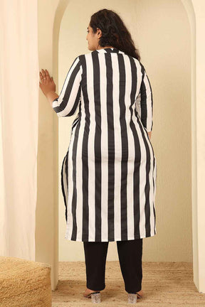 Plus Size Bold Striped Cotton V Neck Kurta