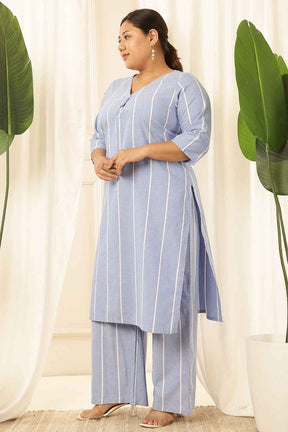 Plus Size Blue Striped Chambray Kurta Coord Set