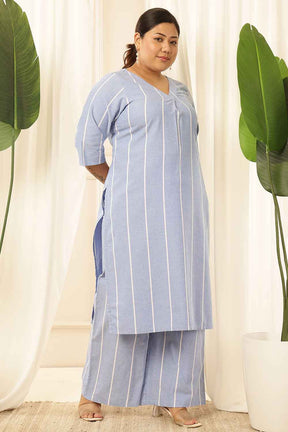 Plus Size Blue Striped Chambray Kurta Coord Set