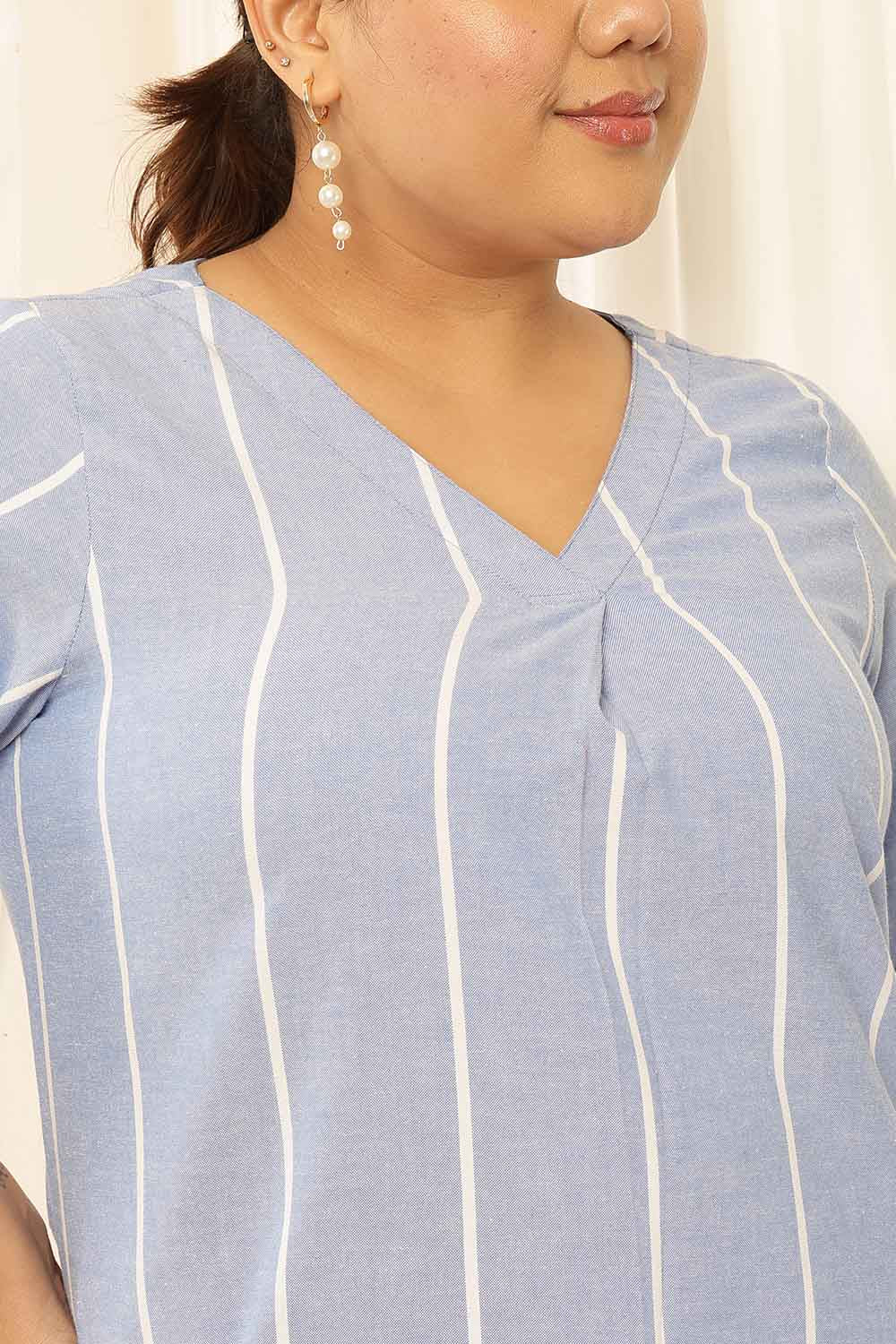 Comfortable Plus Size Blue Striped Chambray Kurta Coord Set
