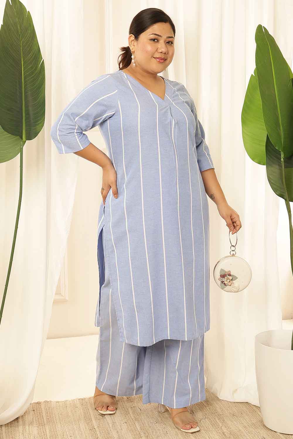 Plus Size Blue Striped Chambray Kurta Coord Set