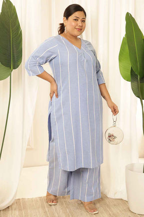Plus Size Blue Striped Chambray Kurta Coord Set