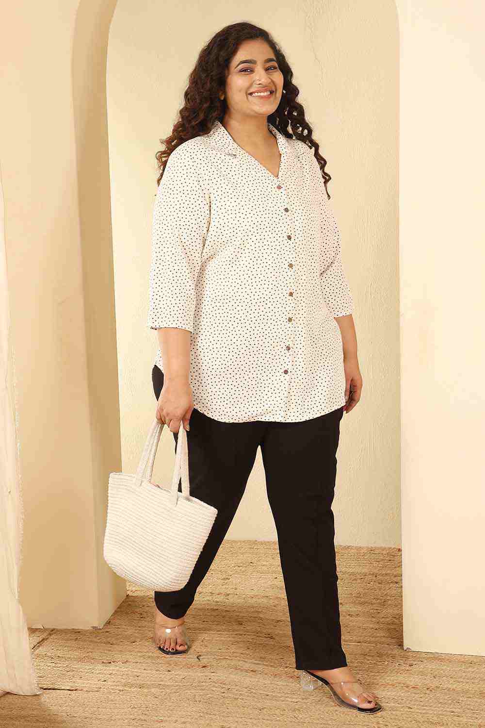 Plus Size Ivory Polka Print Cotton Cuban Collar Shirt