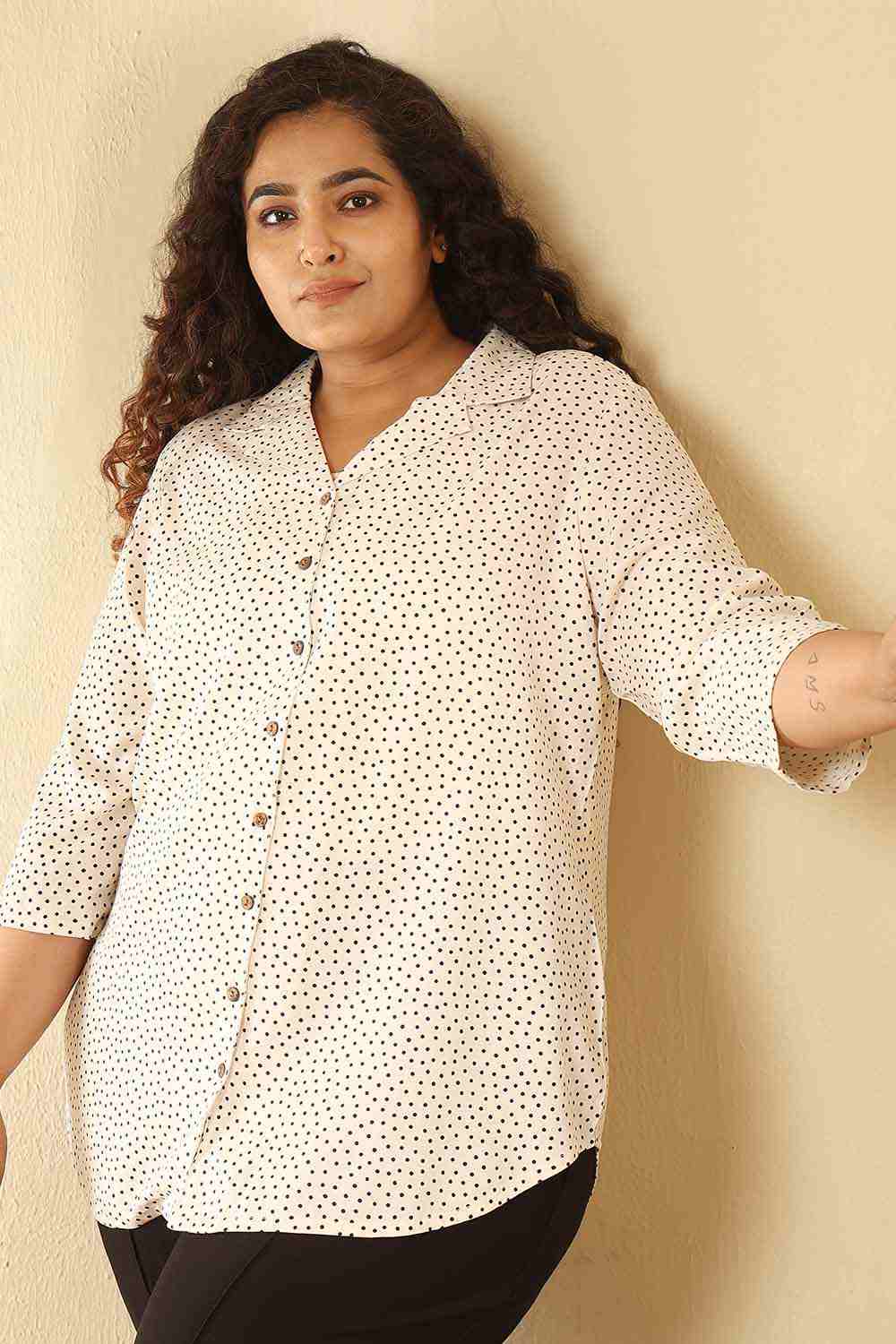 Plus Size Ivory Polka Print Cotton Cuban Collar Shirt