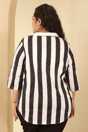 Plus Size Bold Striped Cotton Cuban Cotton Shirt