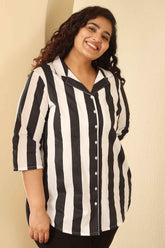 Plus Size Bold Striped Cotton Cuban Cotton Shirt