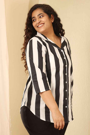 Plus Size Bold Striped Cotton Cuban Cotton Shirt