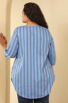 Plus Size Sky Blue Striped Cotton V Neck Top